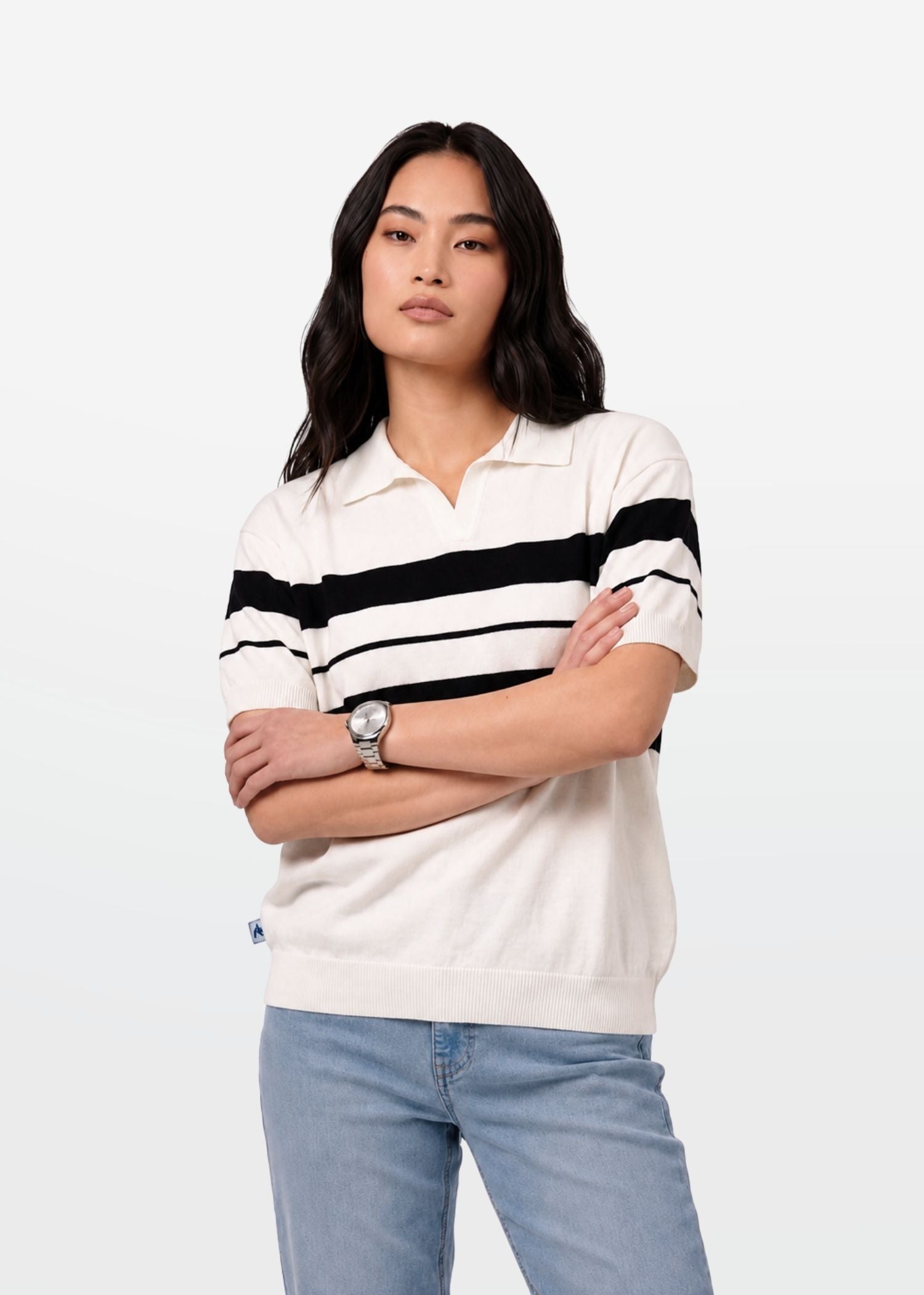Ivory Stripe J Collar Knit Polo