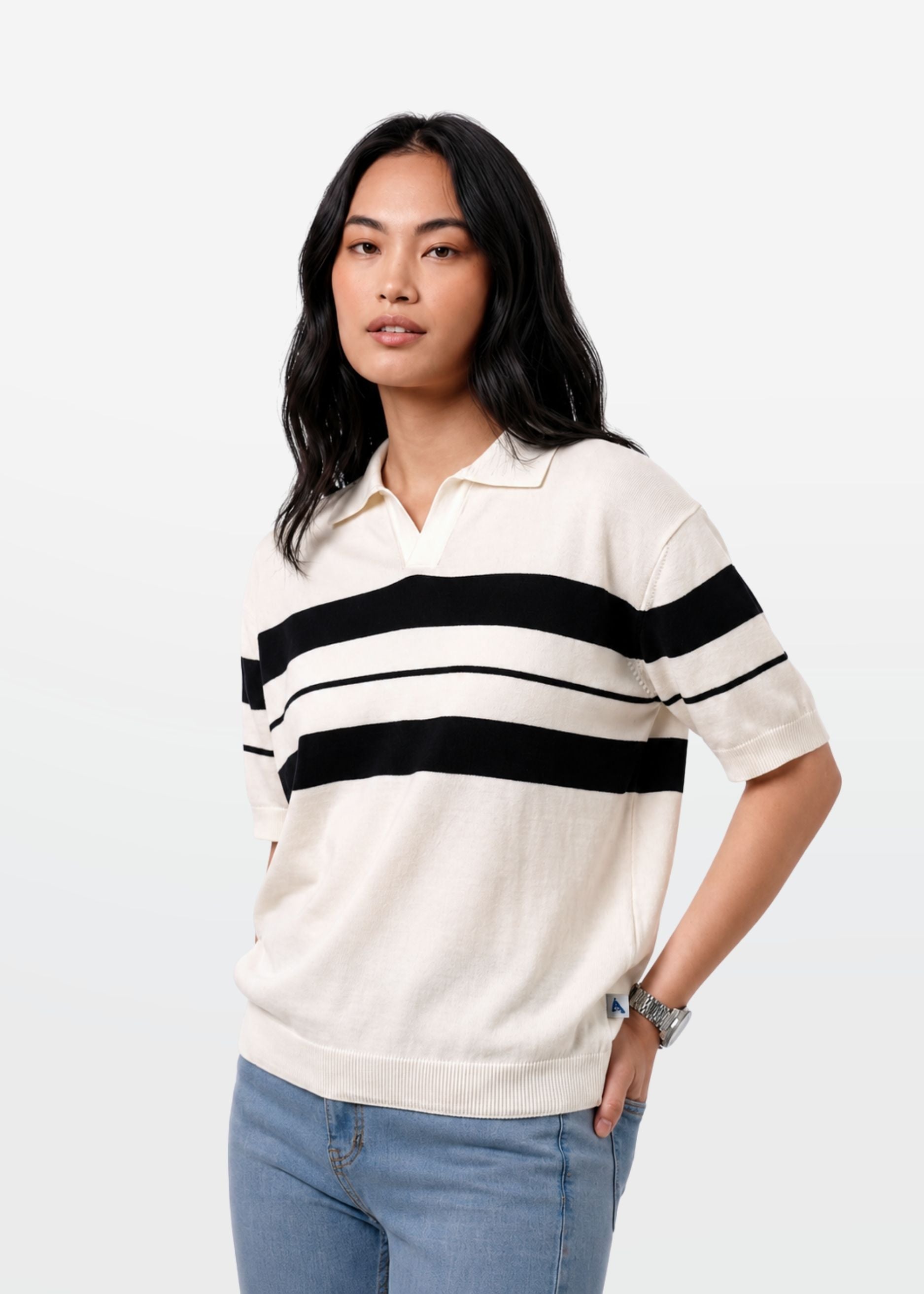 Ivory Stripe J Collar Knit Polo
