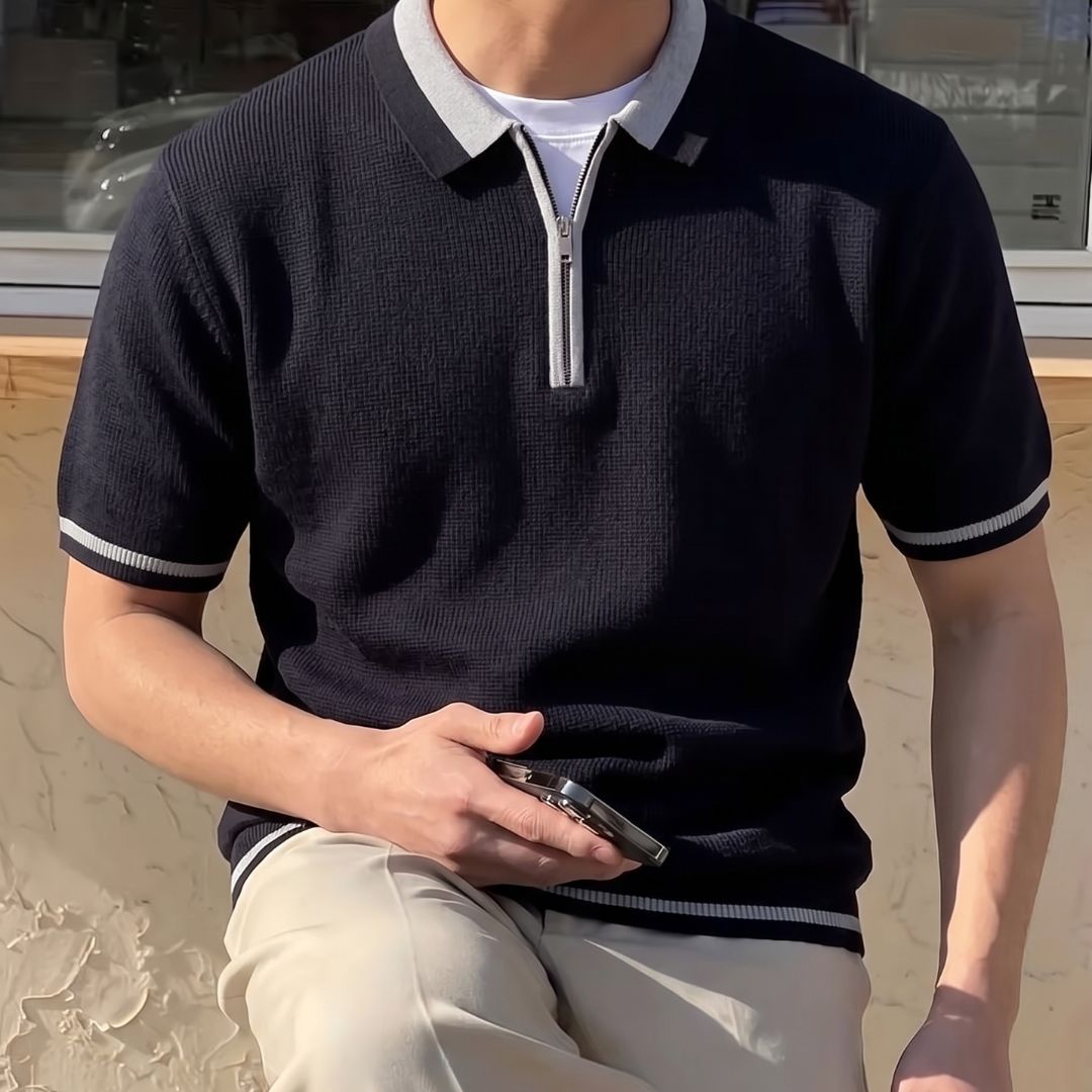 Jet Black Tipped Zip Polo Shirt