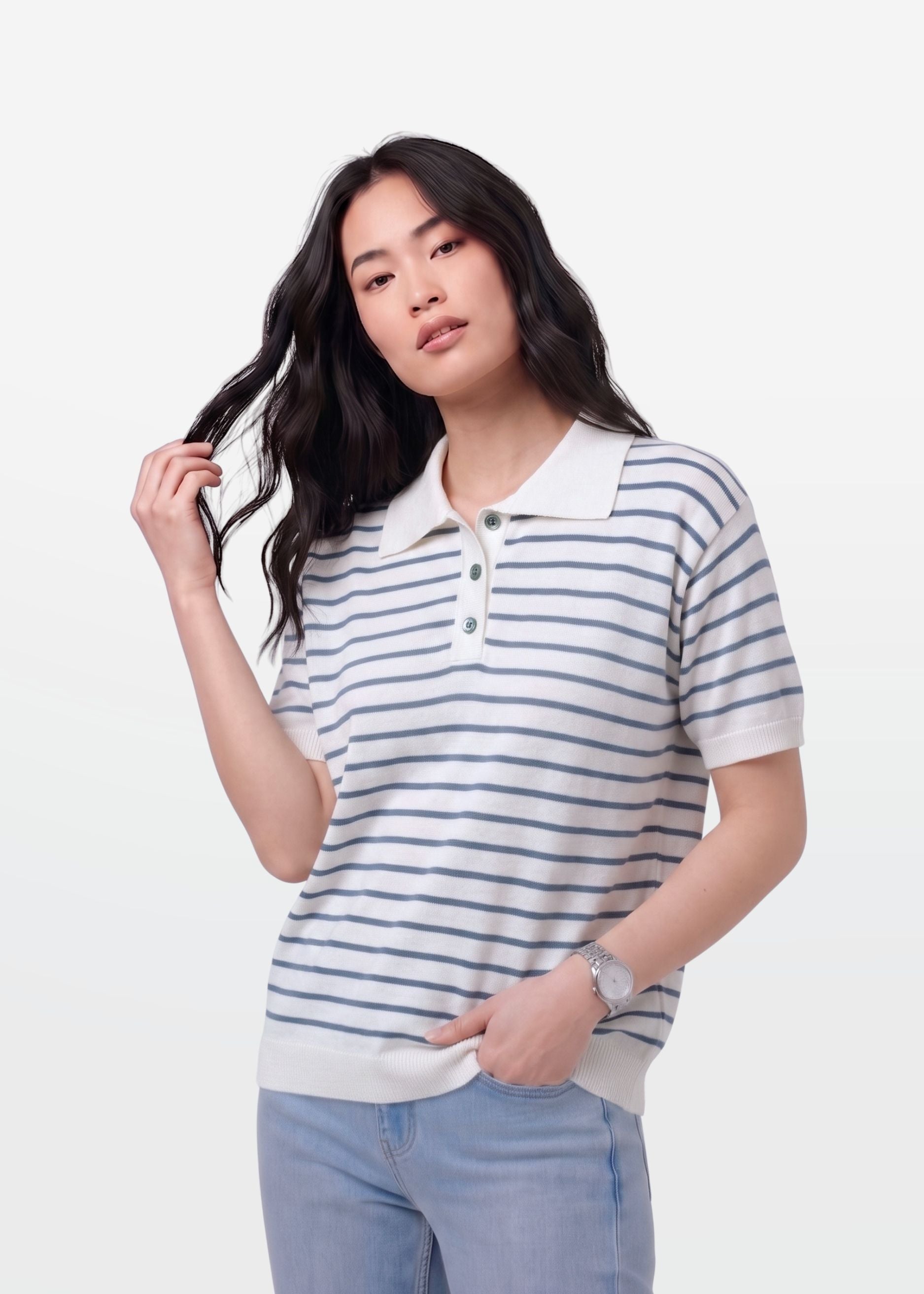 Blue Stripe Knit Polo Shirt