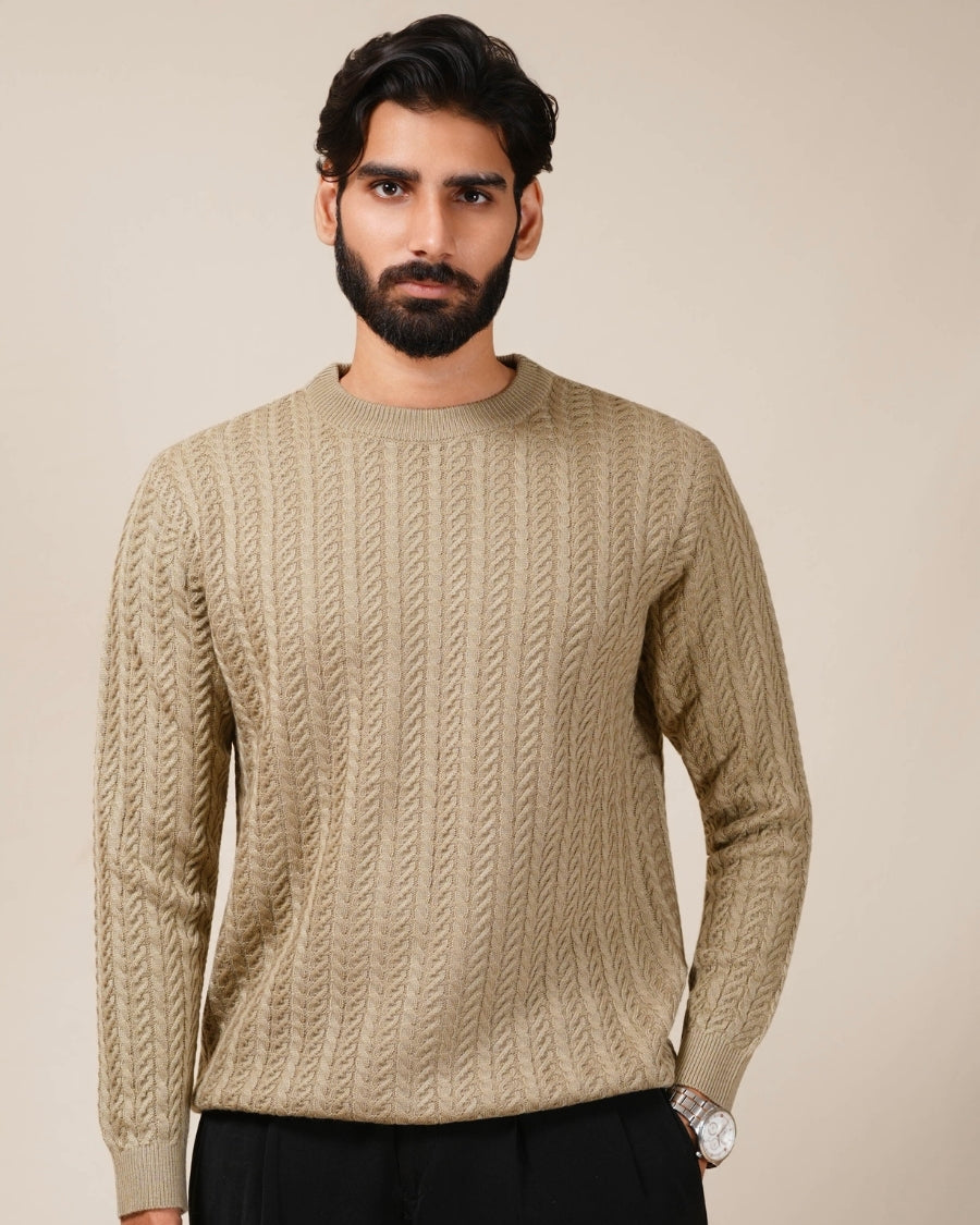 Man wearing a beige cable knit sweater against a plain background