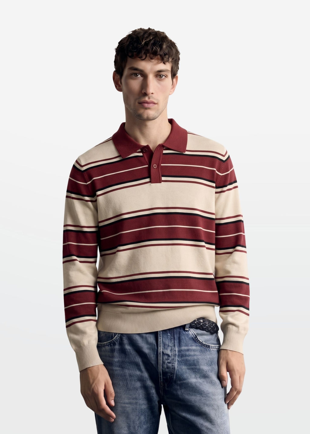 Multi Stripe Polo in Oat Burgundy — Men's Knit Polo | Eagle Ray