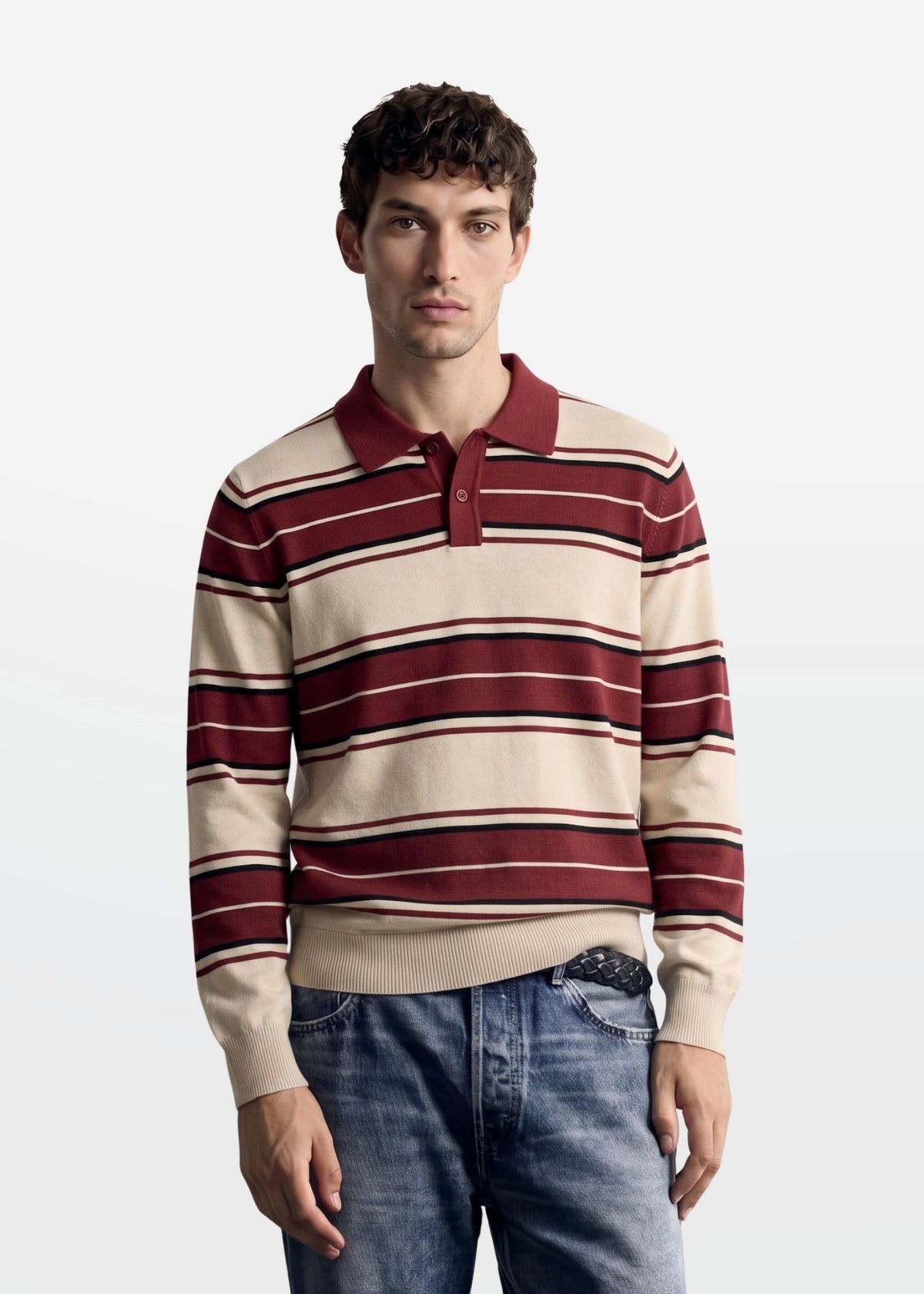 Multi Stripe Polo in Oat Burgundy — Men's Knit Polo | Eagle Ray
