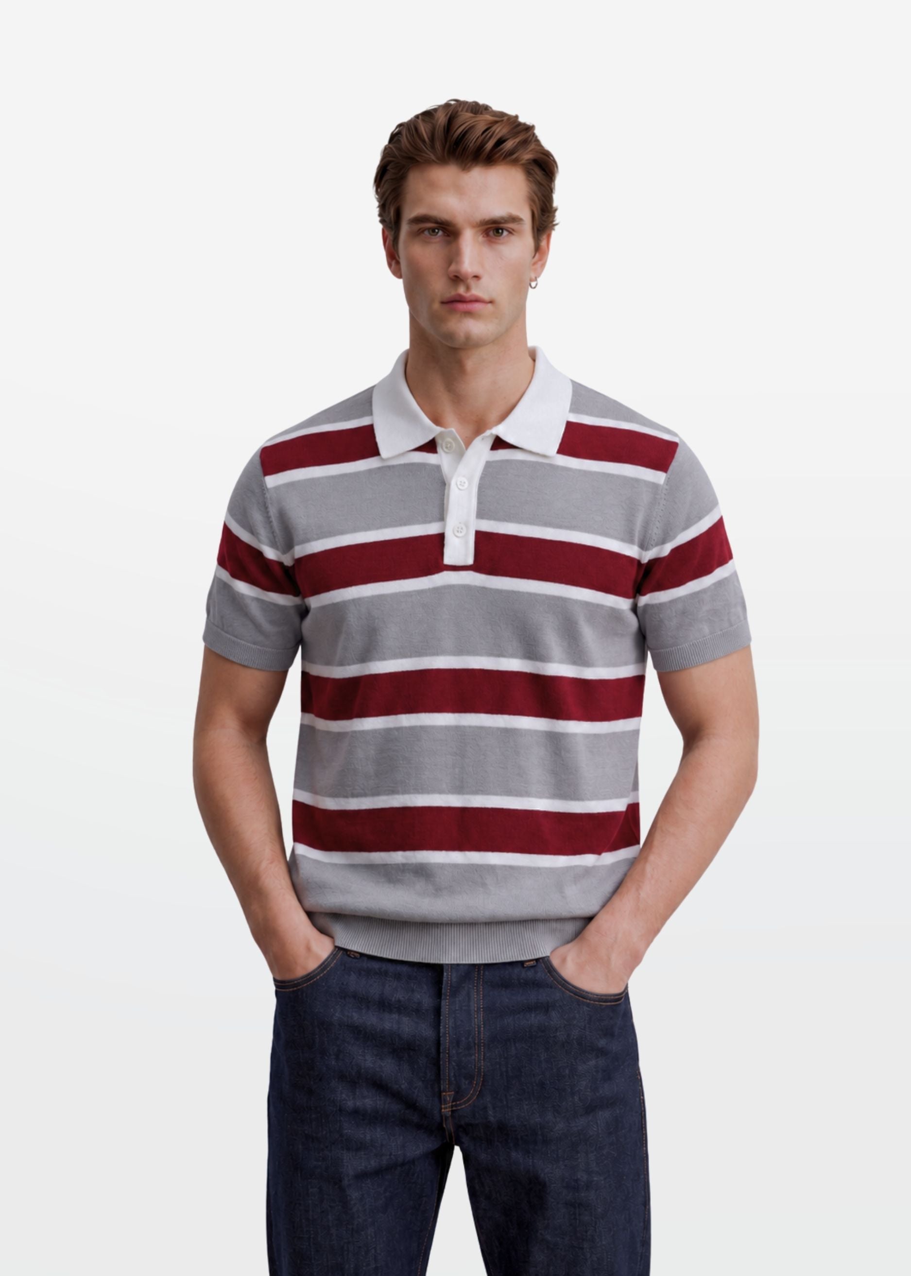 Grey Maroon Multi Stripe Knit Polo Shirt