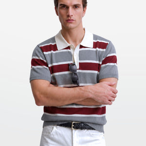 Grey Maroon Multi Stripe Knit Polo Shirt