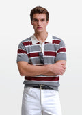 Grey Maroon Multi Stripe Knit Polo Shirt