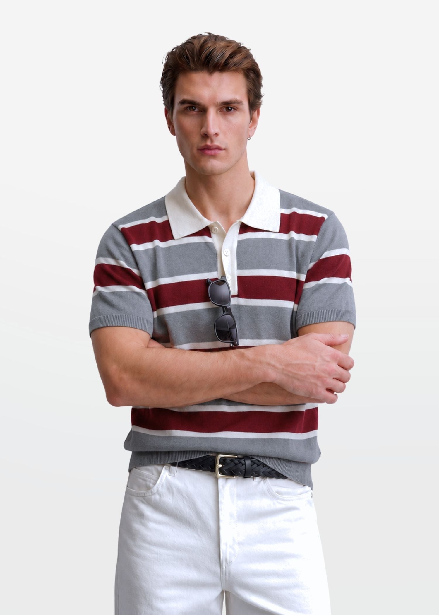 Grey Maroon Multi Stripe Knit Polo Shirt