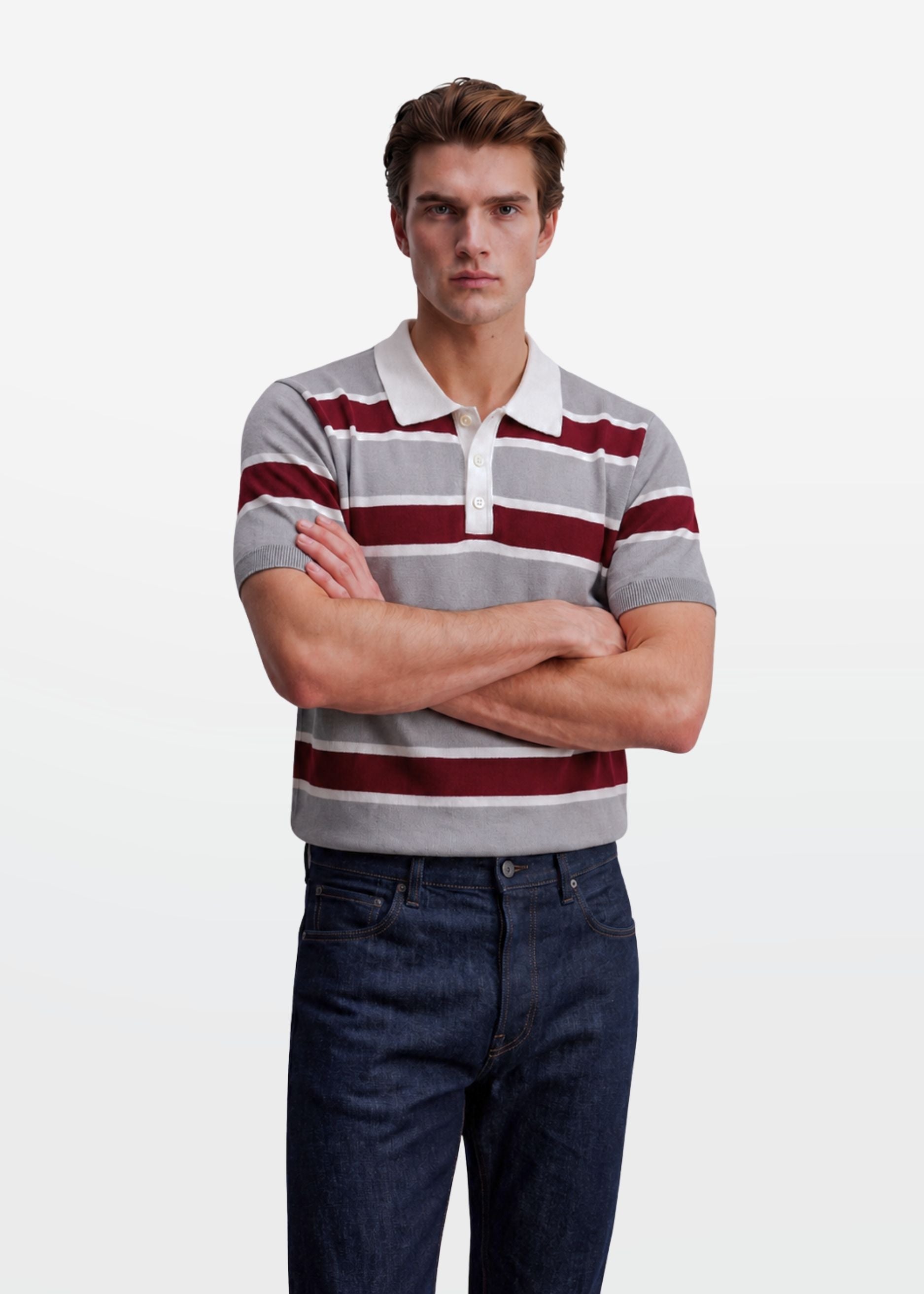 Grey Maroon Multi Stripe Knit Polo Shirt