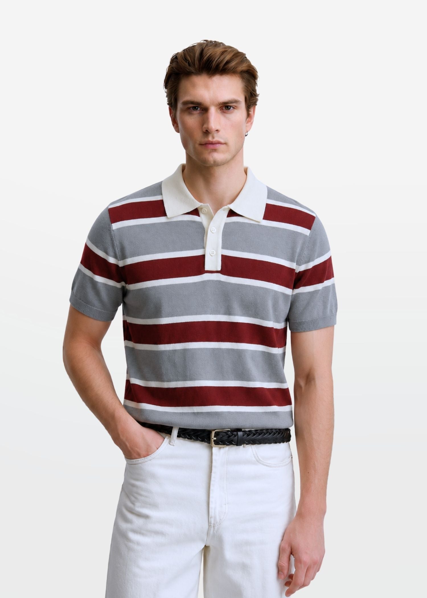 Grey Maroon Multi Stripe Knit Polo Shirt