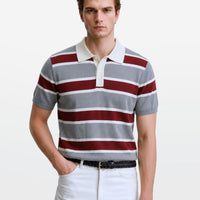 Grey Maroon Multi Stripe Knit Polo Shirt