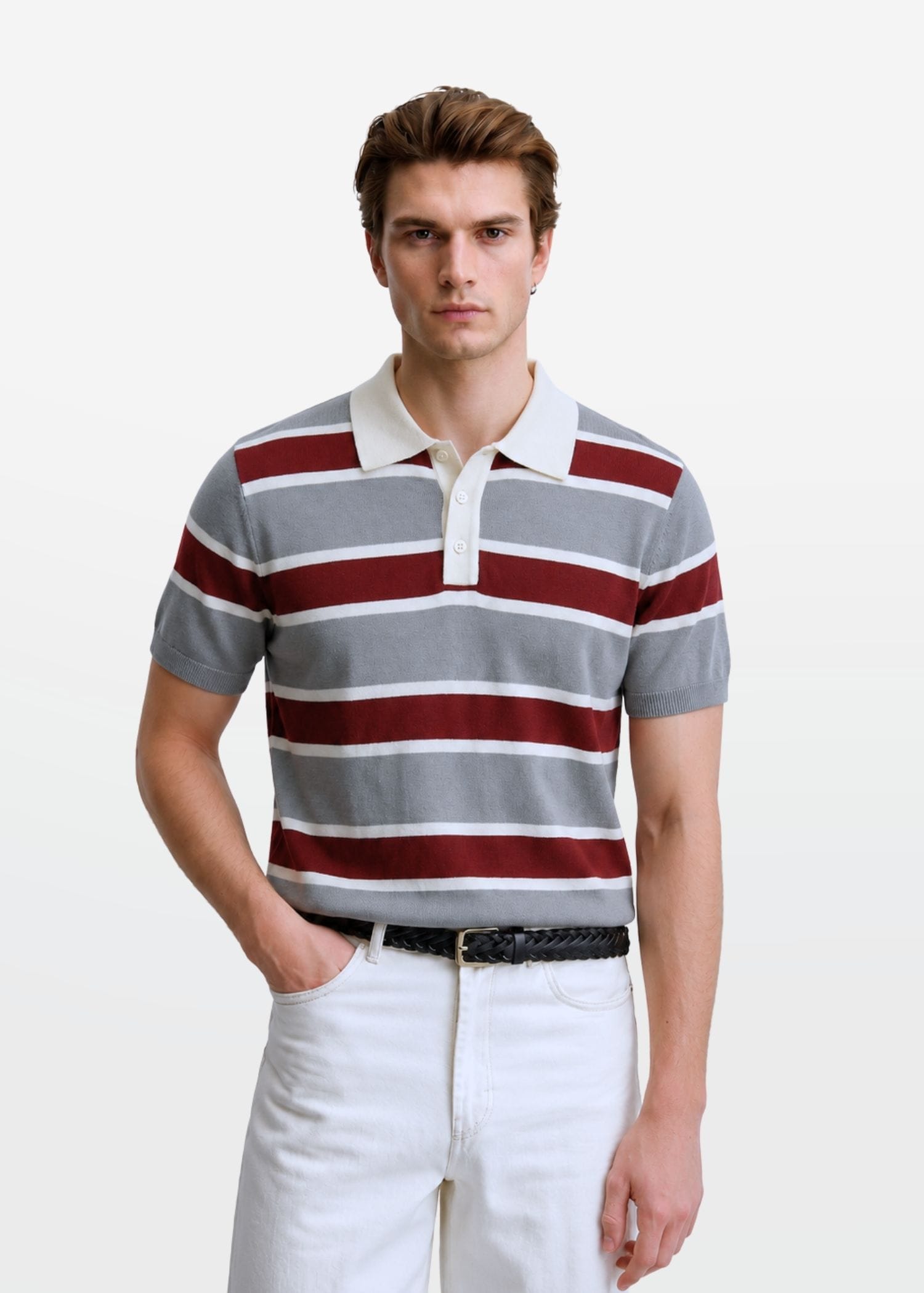 Grey Maroon Multi Stripe Knit Polo Shirt