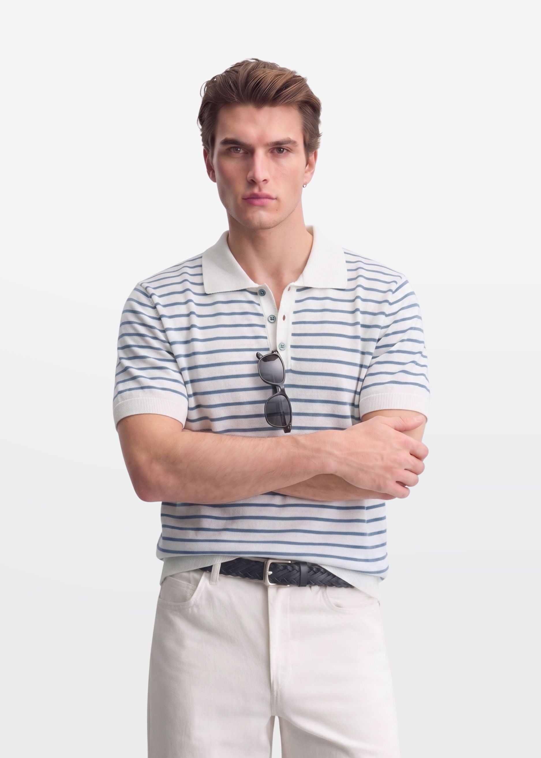 Blue Stripe Knit Polo Shirt