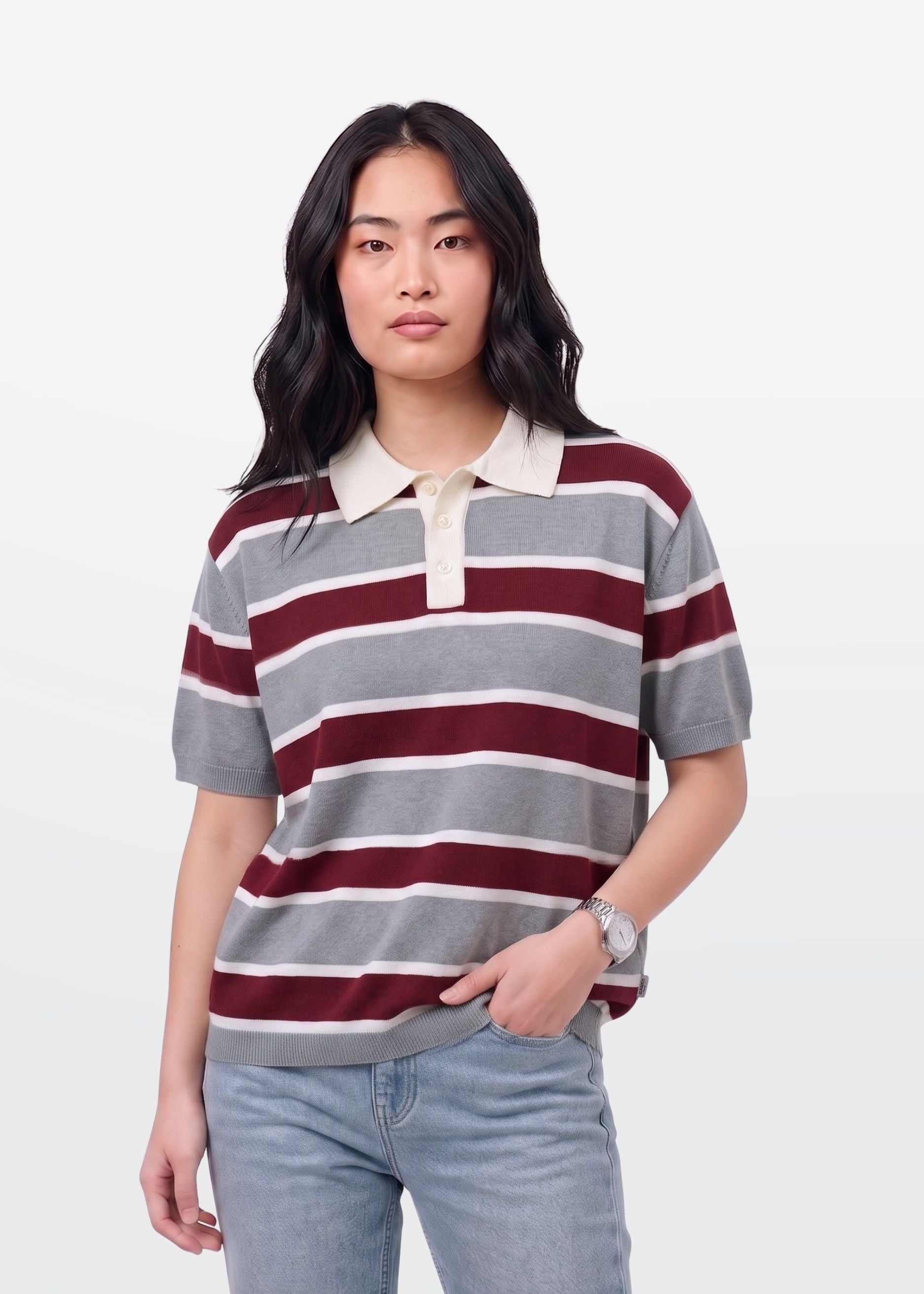 Grey Maroon Multi Stripe Knit Polo Shirt