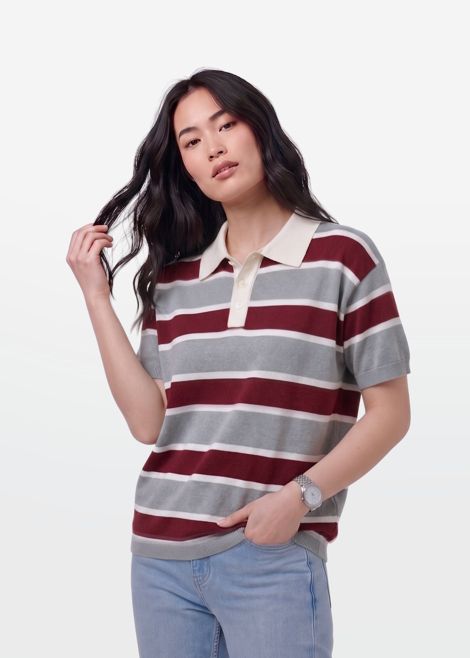 Grey Maroon Multi Stripe Knit Polo Shirt