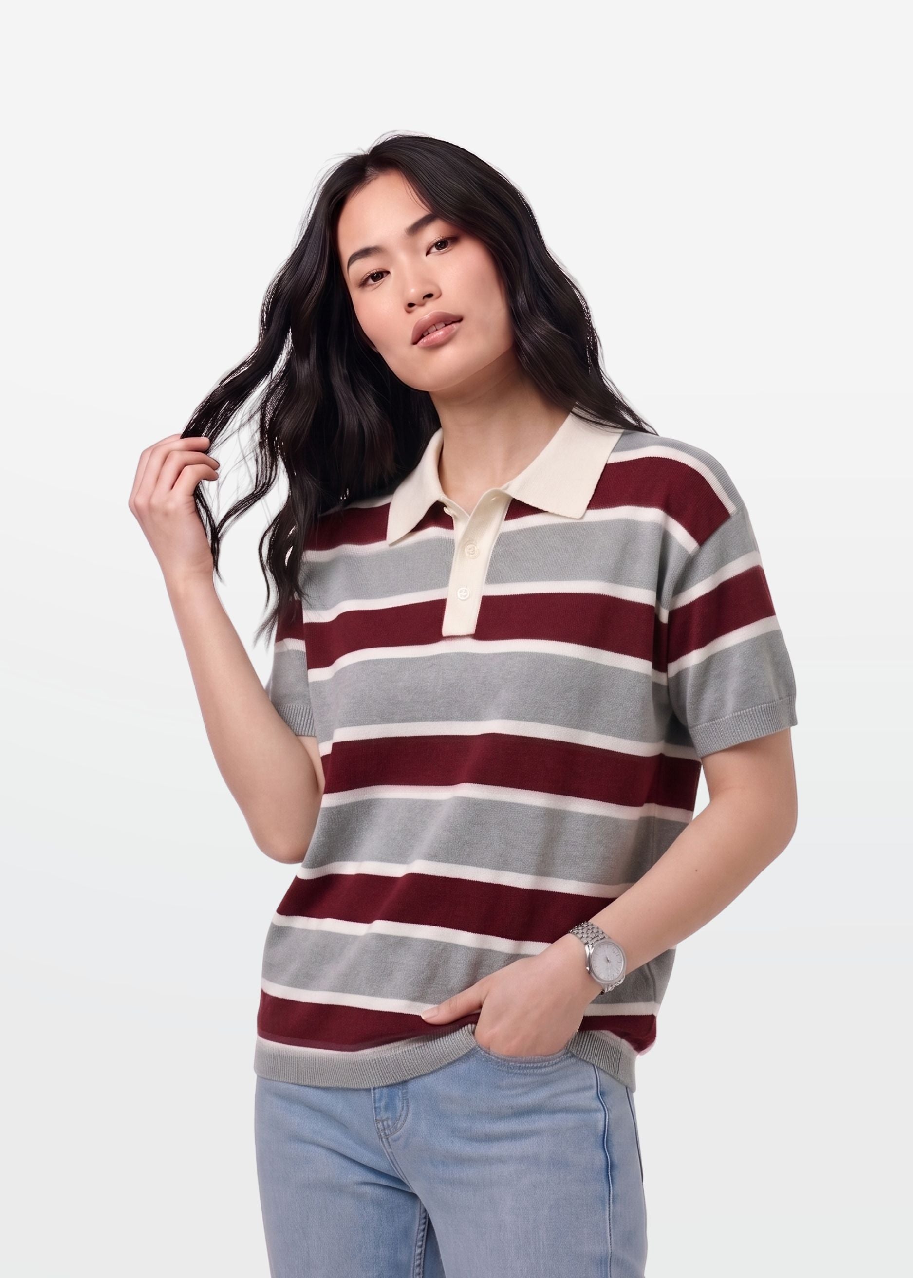 Grey Maroon Multi Stripe Knit Polo Shirt