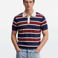 Navy Maroon Multi Stripe Knit Polo Shirt