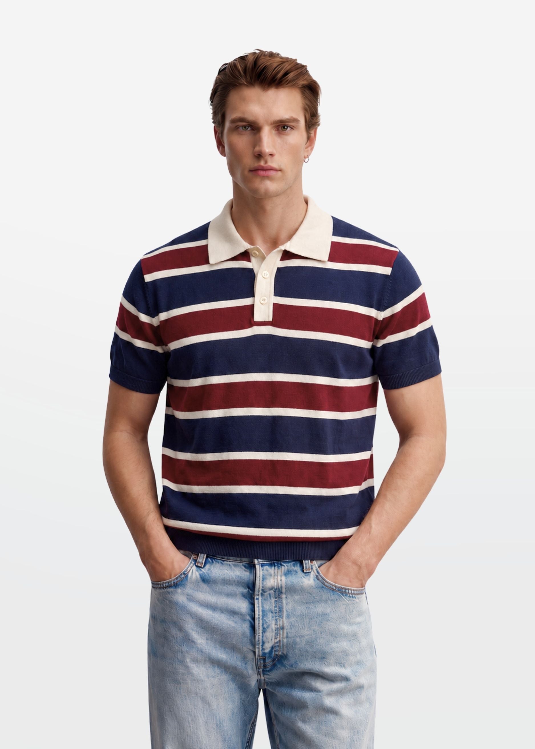 Navy Maroon Multi Stripe Knit Polo Shirt