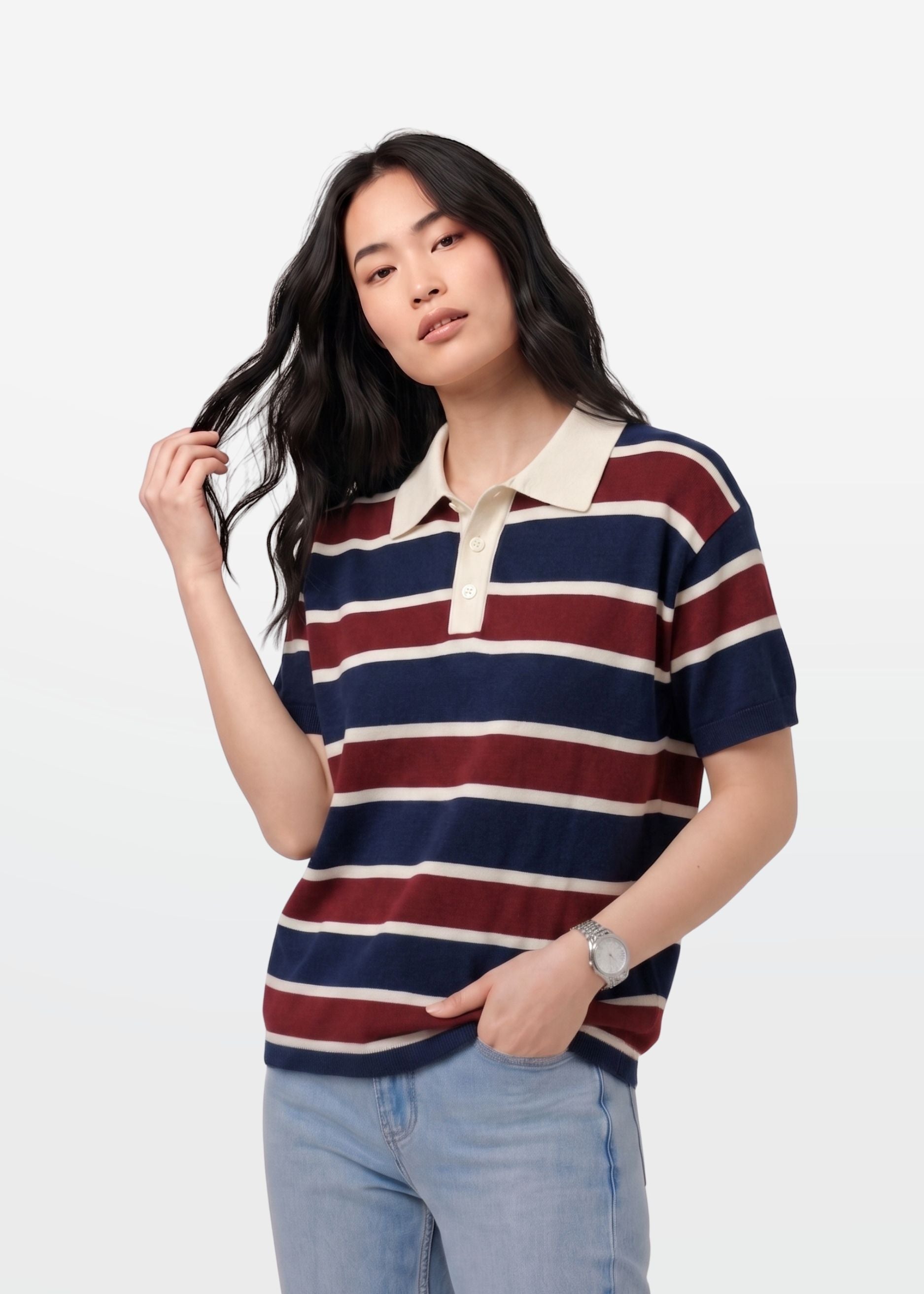 Navy Maroon Multi Stripe Knit Polo Shirt