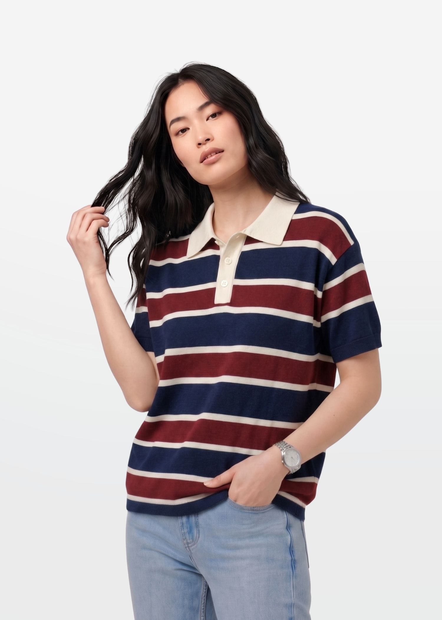 Navy Maroon Multi Stripe Knit Polo Shirt