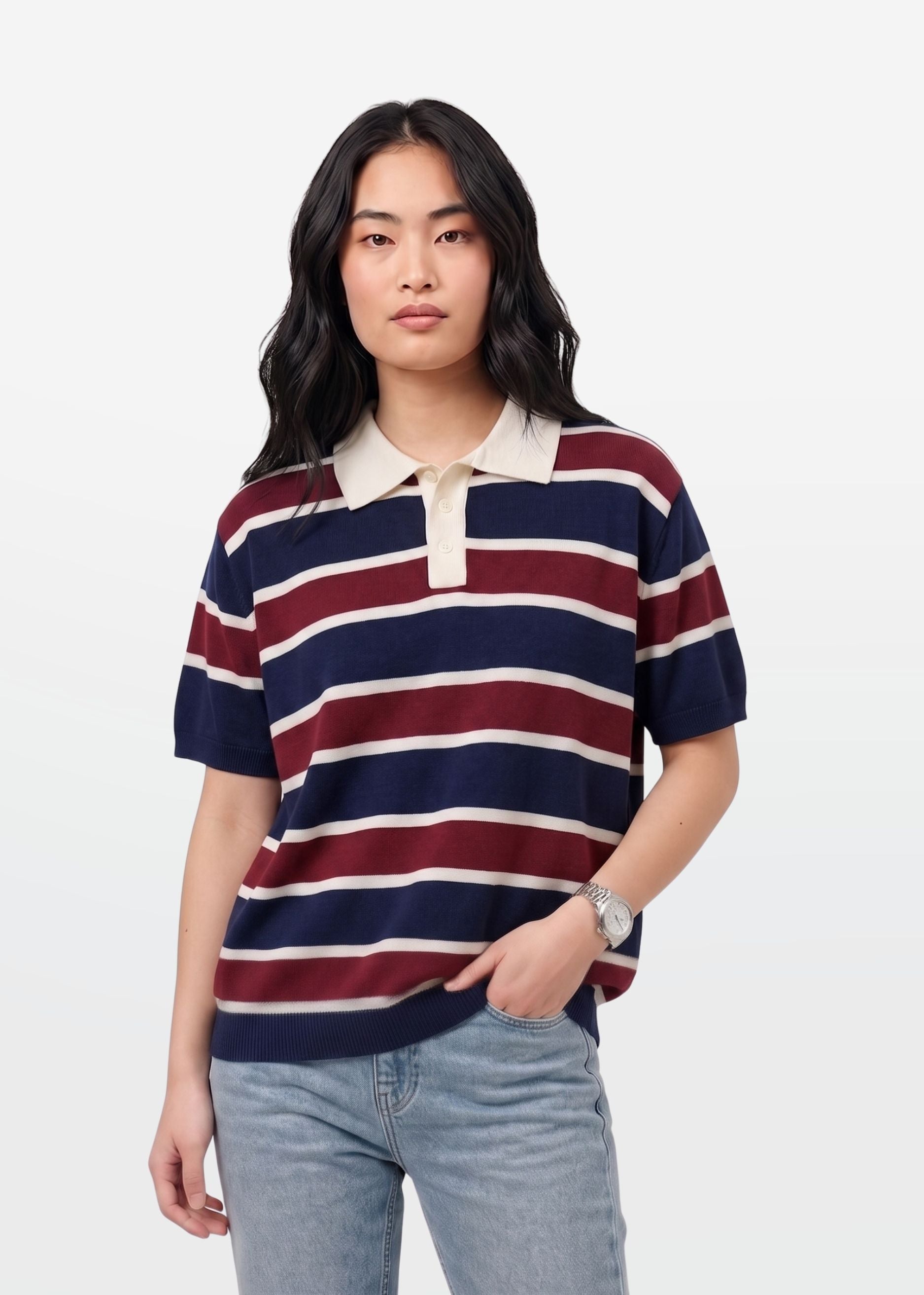 Navy Maroon Multi Stripe Knit Polo Shirt