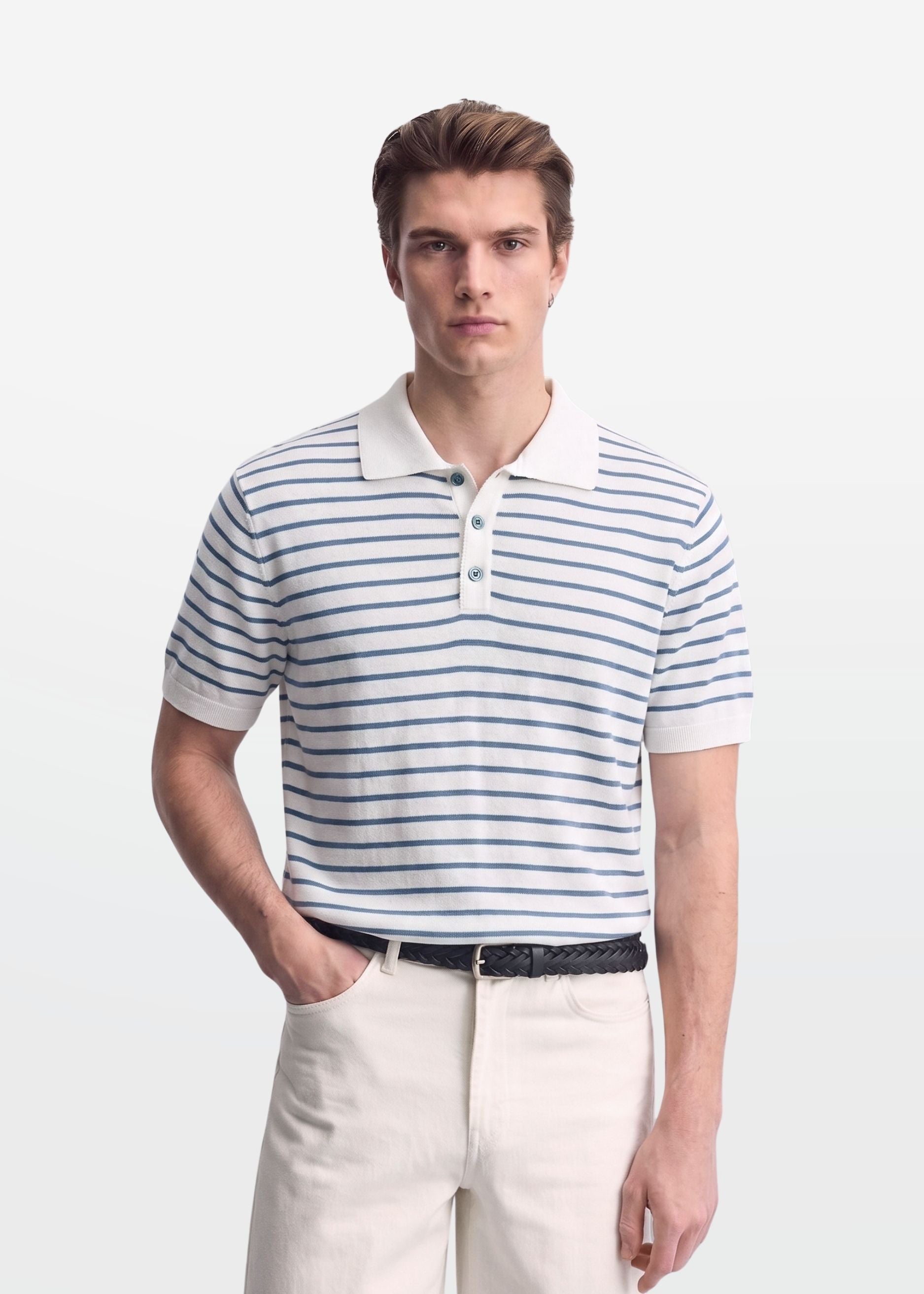 Blue Stripe Knit Polo Shirt
