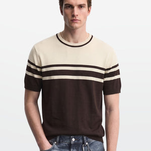 Brown Ivory Stripe Crew Neck Knit T-Shirt
