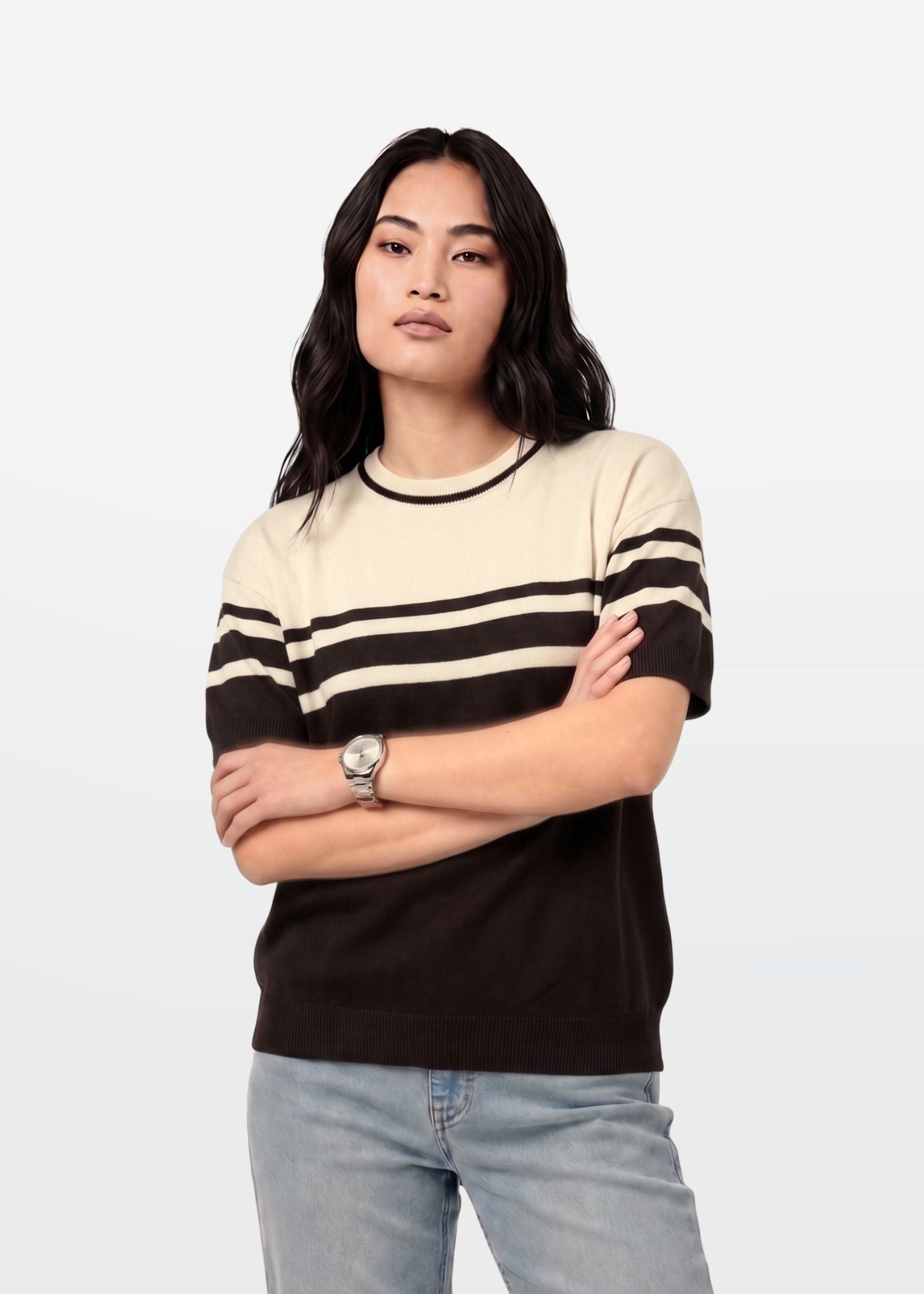 Brown Ivory Stripe Crew Neck Knit T-Shirt