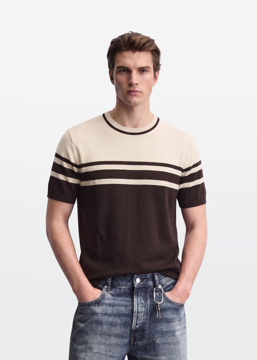 Brown Ivory Stripe Crew Neck Knit T-Shirt — Men's Knitwear India | Eagle Ray