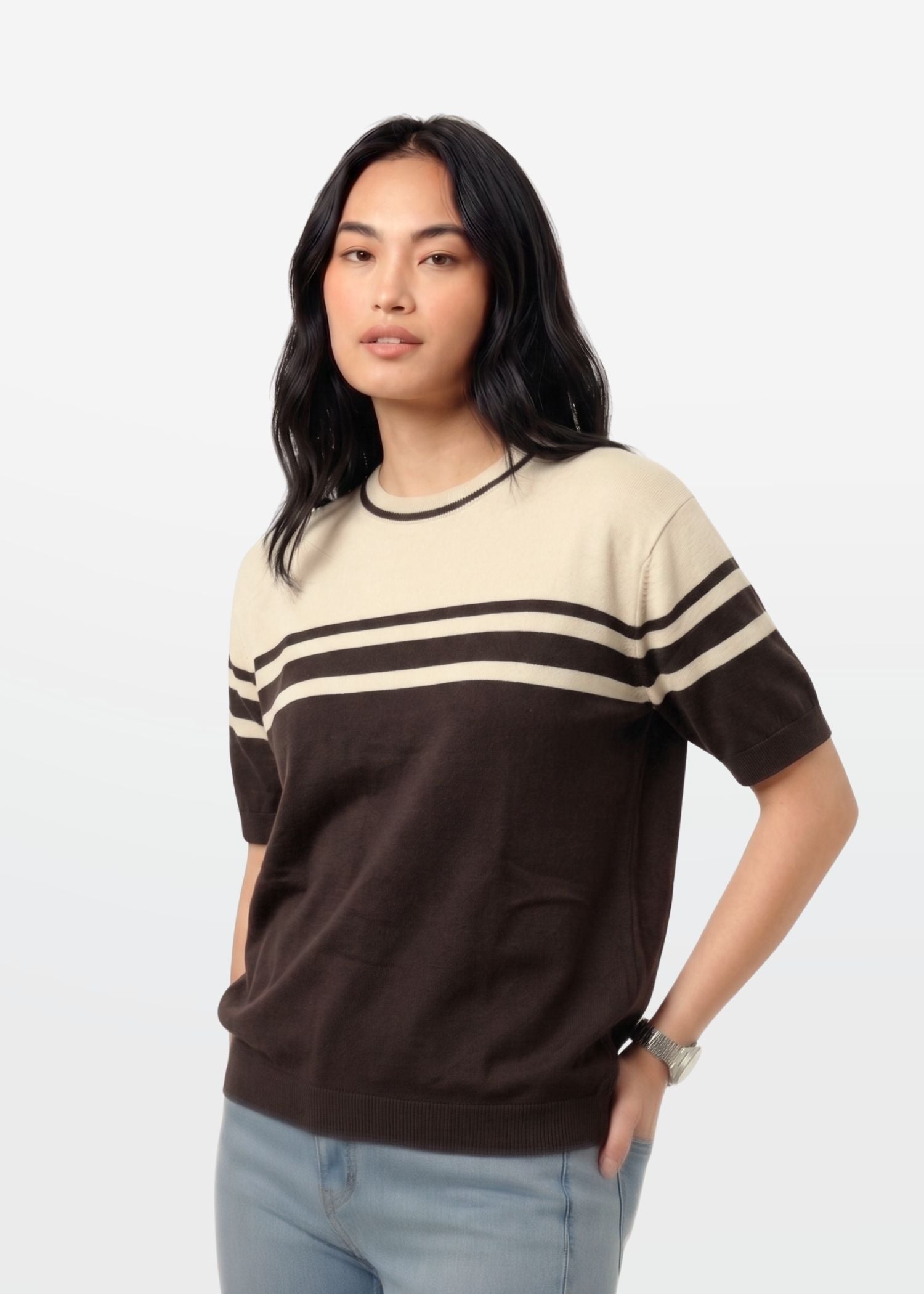 Brown Ivory Stripe Crew Neck Knit T-Shirt