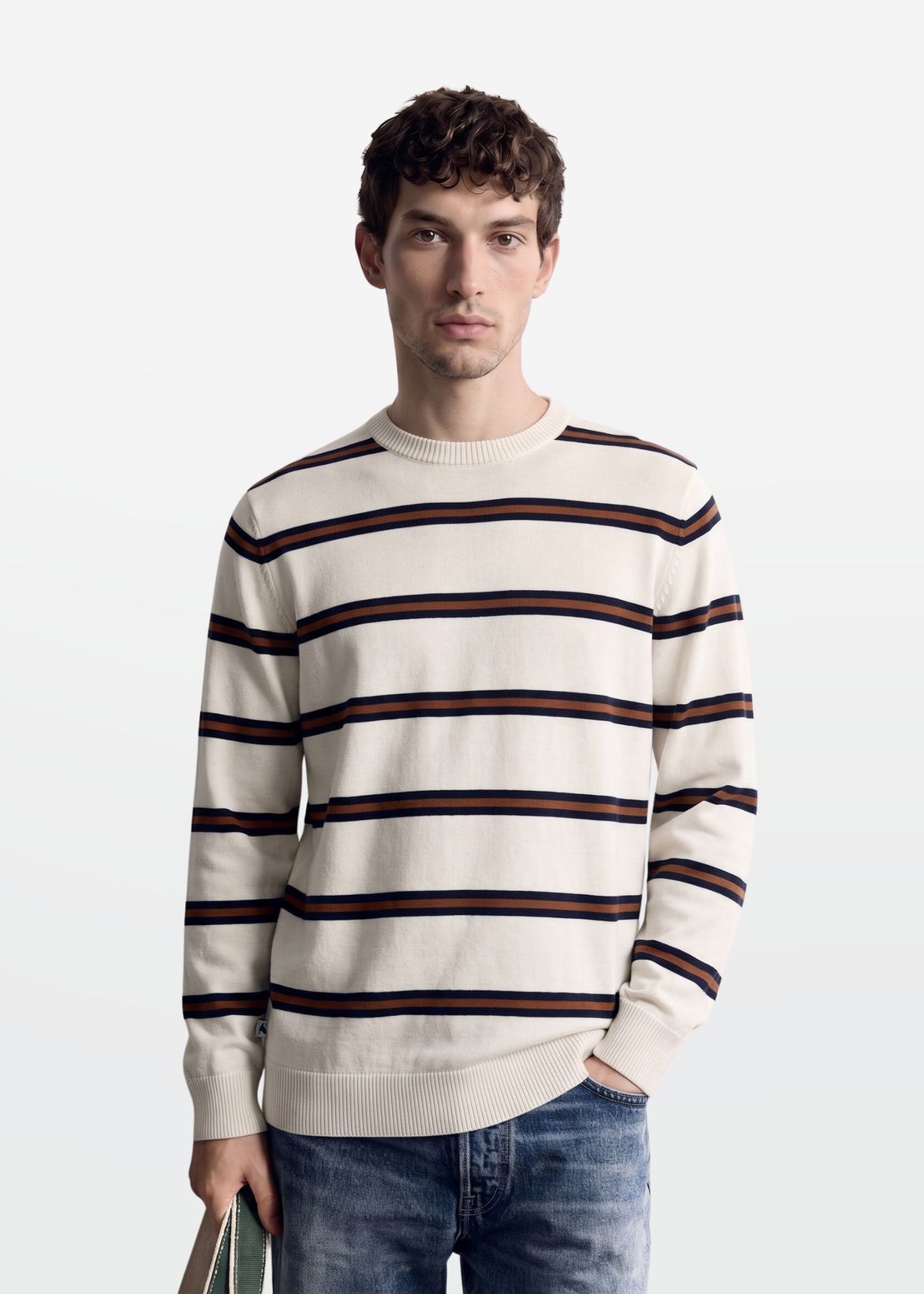 Ivory Navy Tan Stripe Full Sleeve Knit T-Shirt — Men's Knitwear India | Eagle Ray