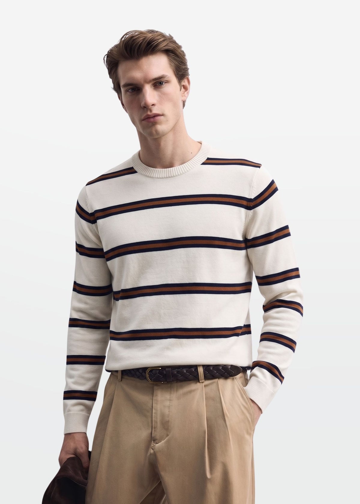 Ivory Navy Tan Stripe Full Sleeve Knit T-Shirt