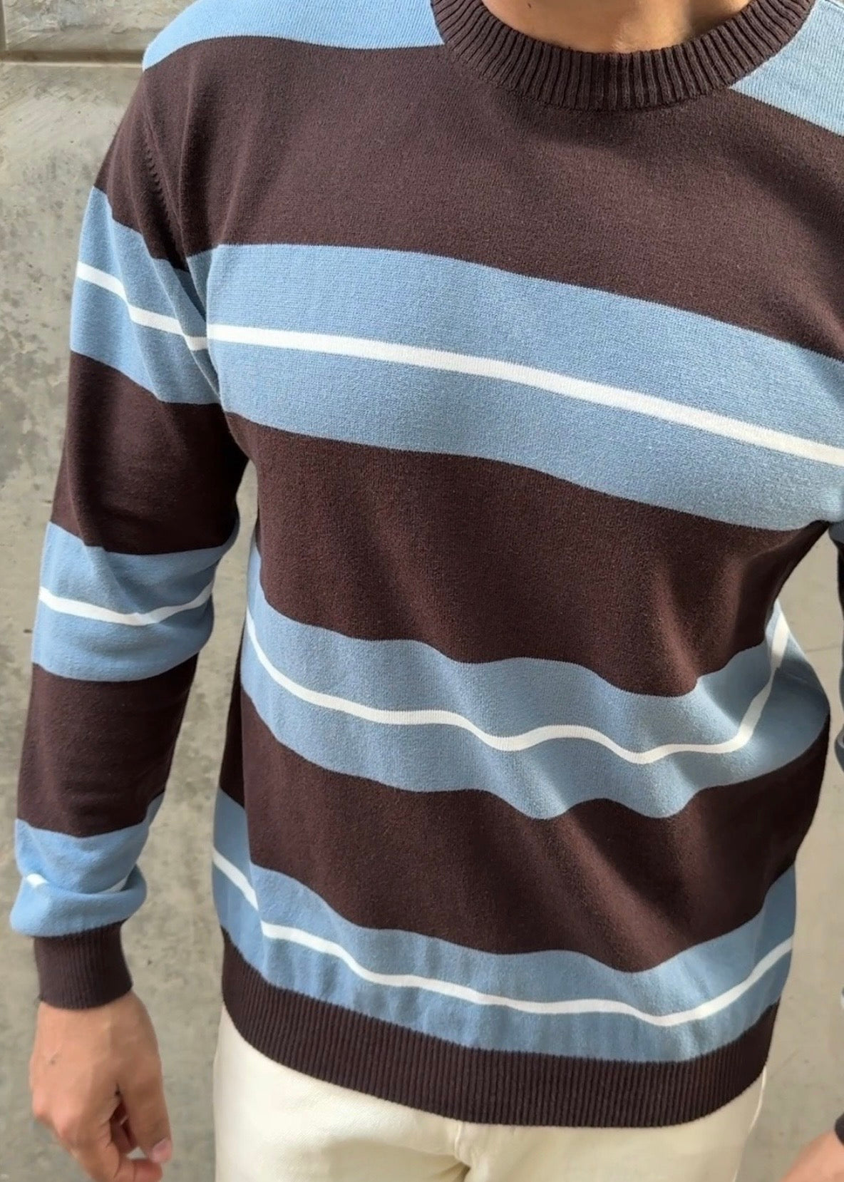 Brown Blue Stripe Full Sleeve Knit T-Shirt