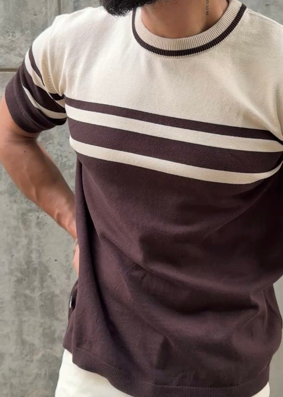 Brown Ivory Stripe Crew Neck Knit T-Shirt