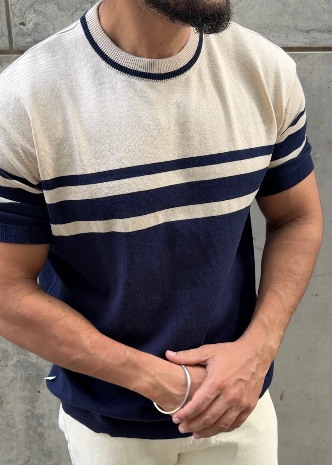 Navy Ivory Stripe Crew Neck Knit T-Shirt