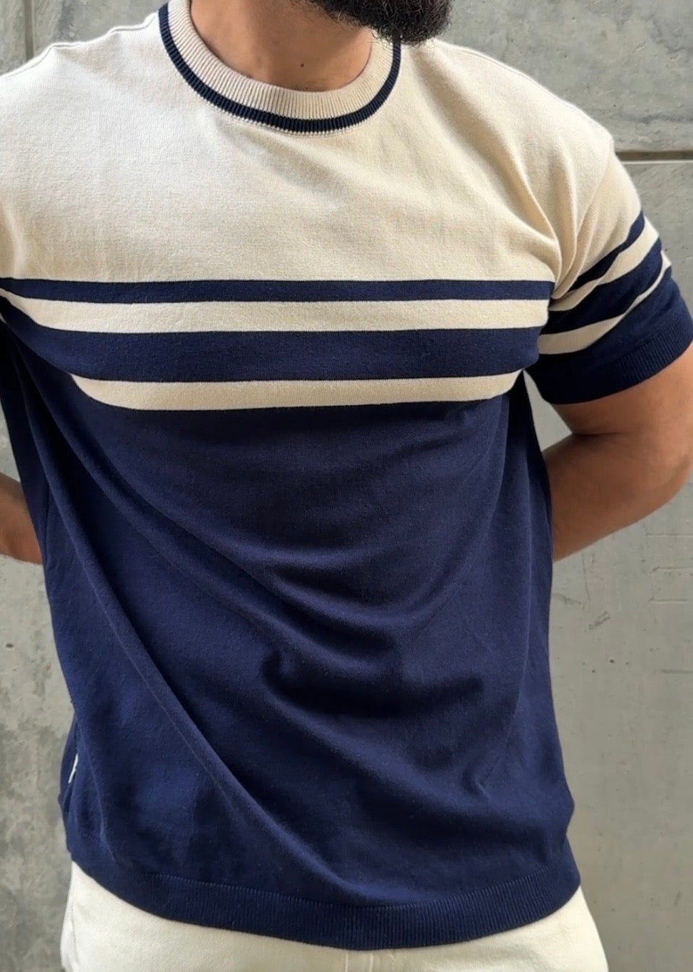 Navy Ivory Stripe Crew Neck Knit T-Shirt