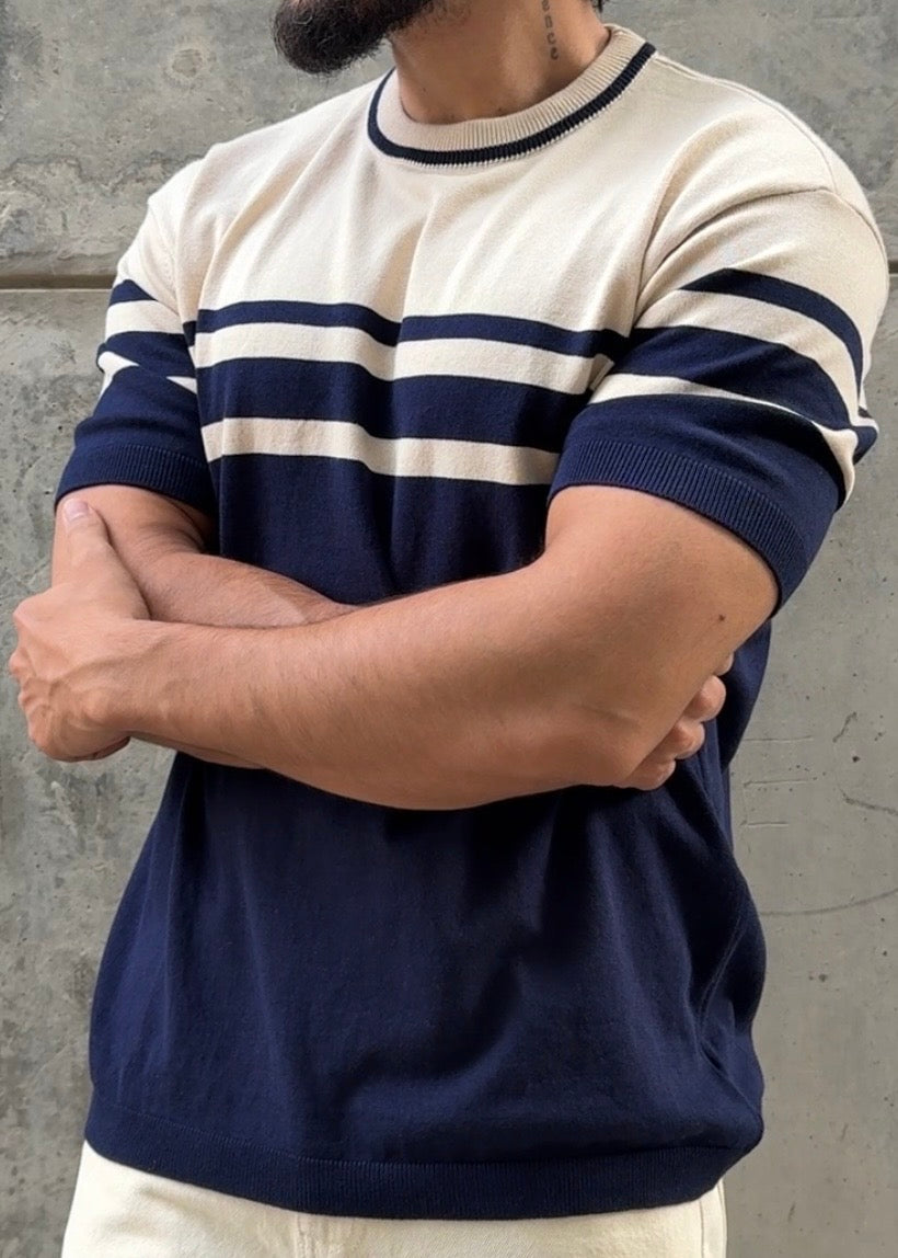 Navy Ivory Stripe Crew Neck Knit T-Shirt