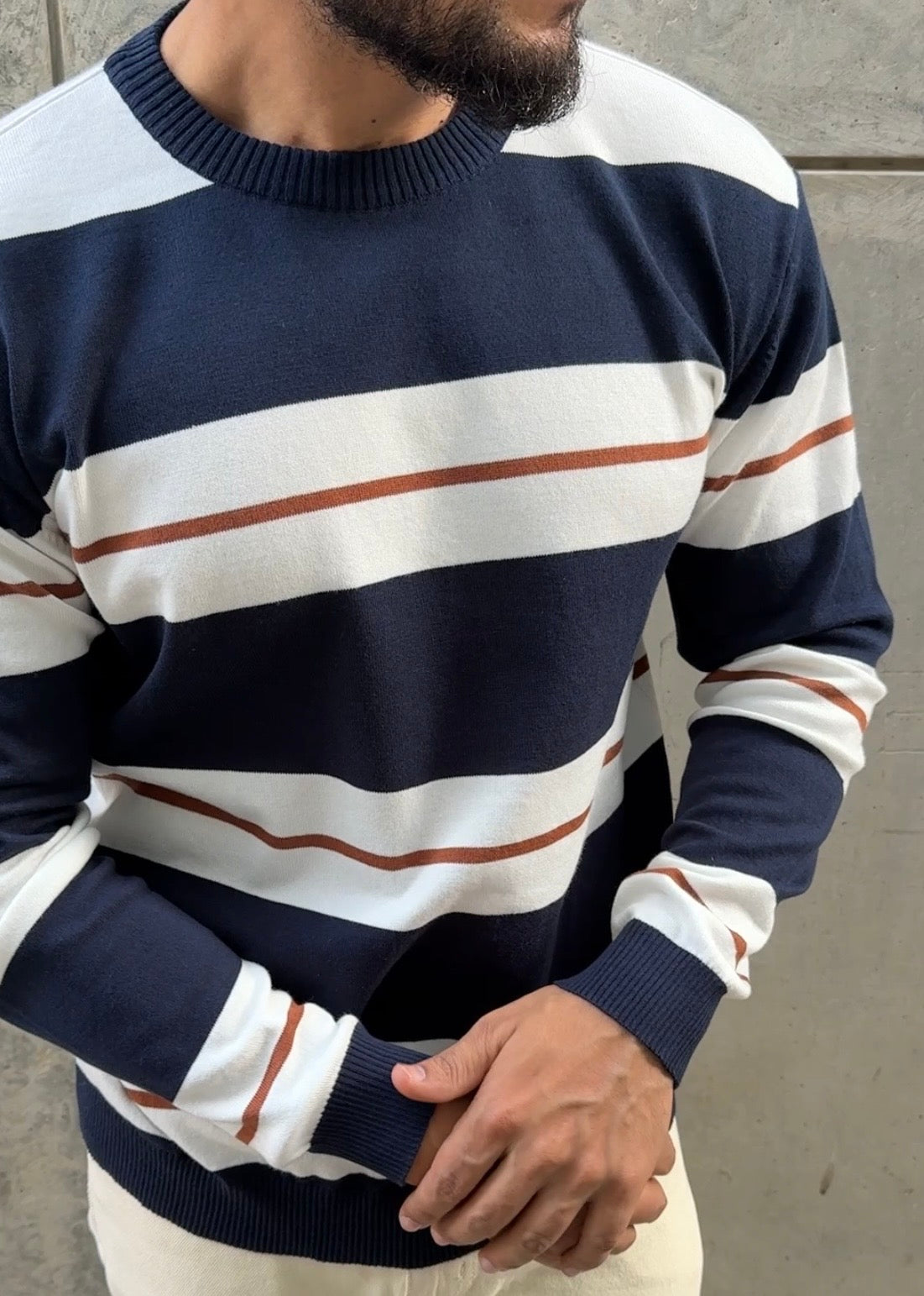 Navy Ivory Stripe Full Sleeve Knit T-Shirt