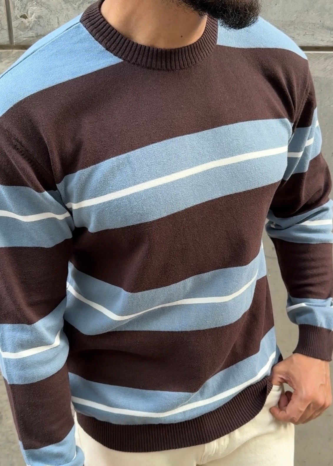 Brown Blue Stripe Full Sleeve Knit T-Shirt