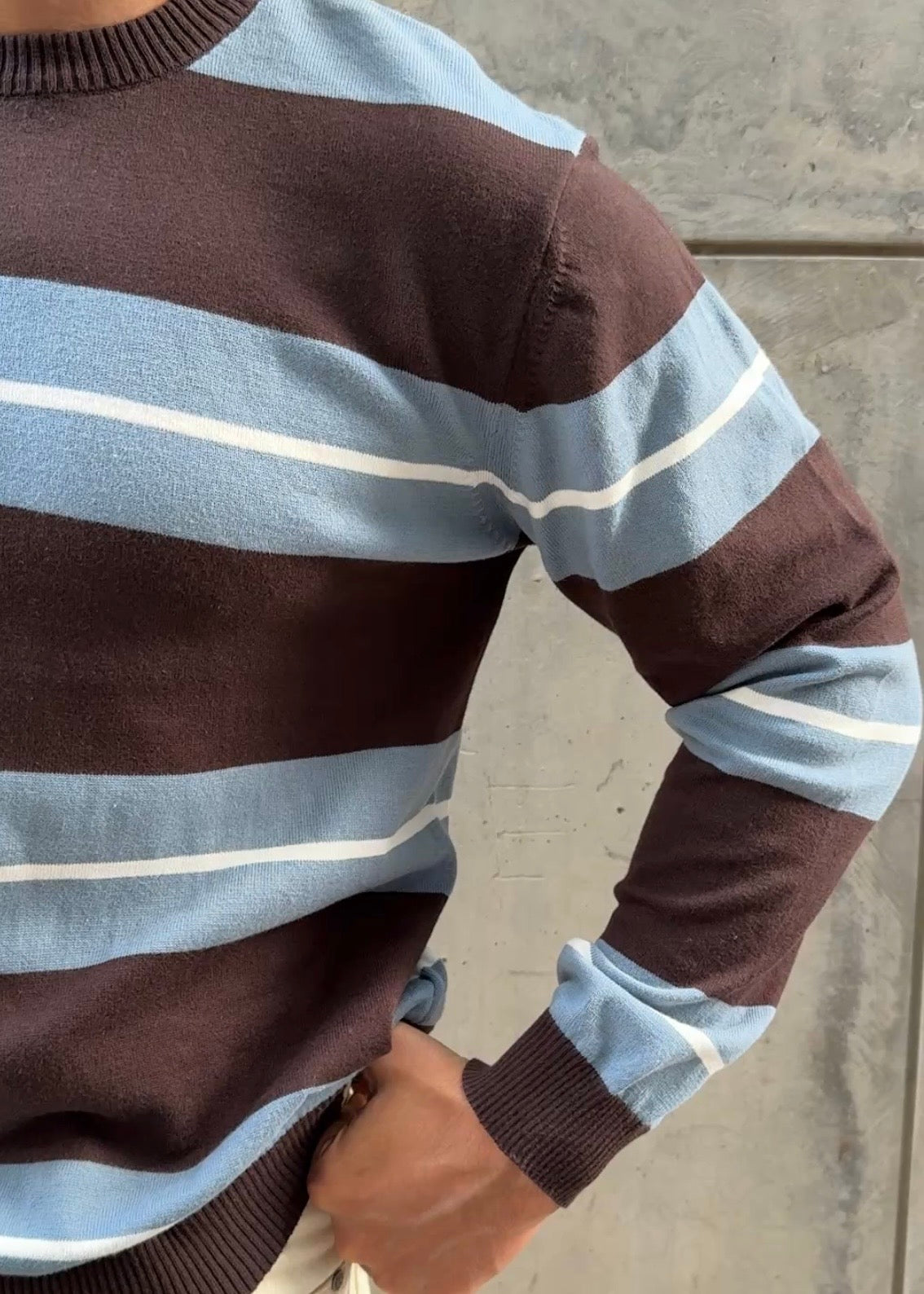Brown Blue Stripe Full Sleeve Knit T-Shirt