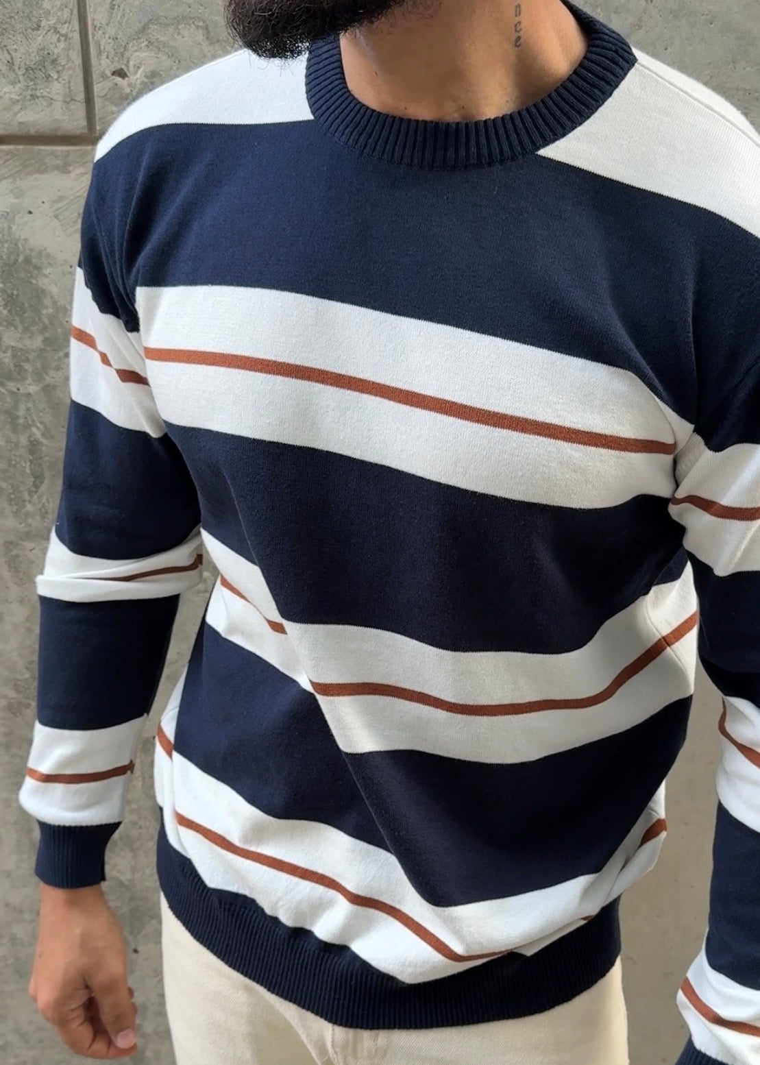 Navy Ivory Stripe Full Sleeve Knit T-Shirt