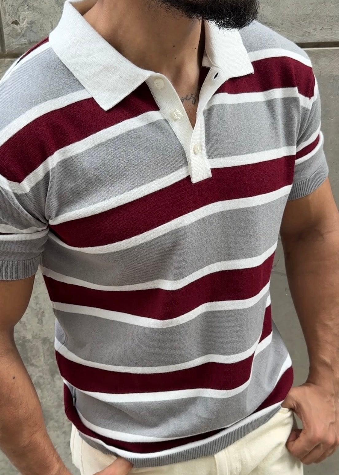 Grey Maroon Multi Stripe Knit Polo Shirt