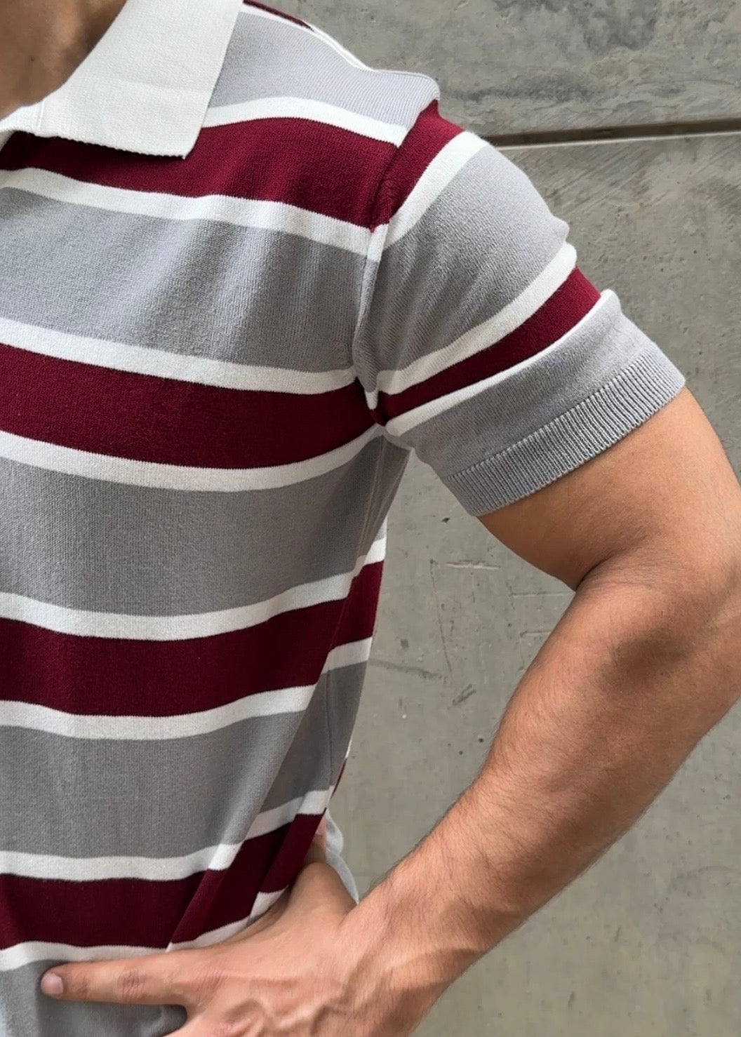 Grey Maroon Multi Stripe Knit Polo Shirt