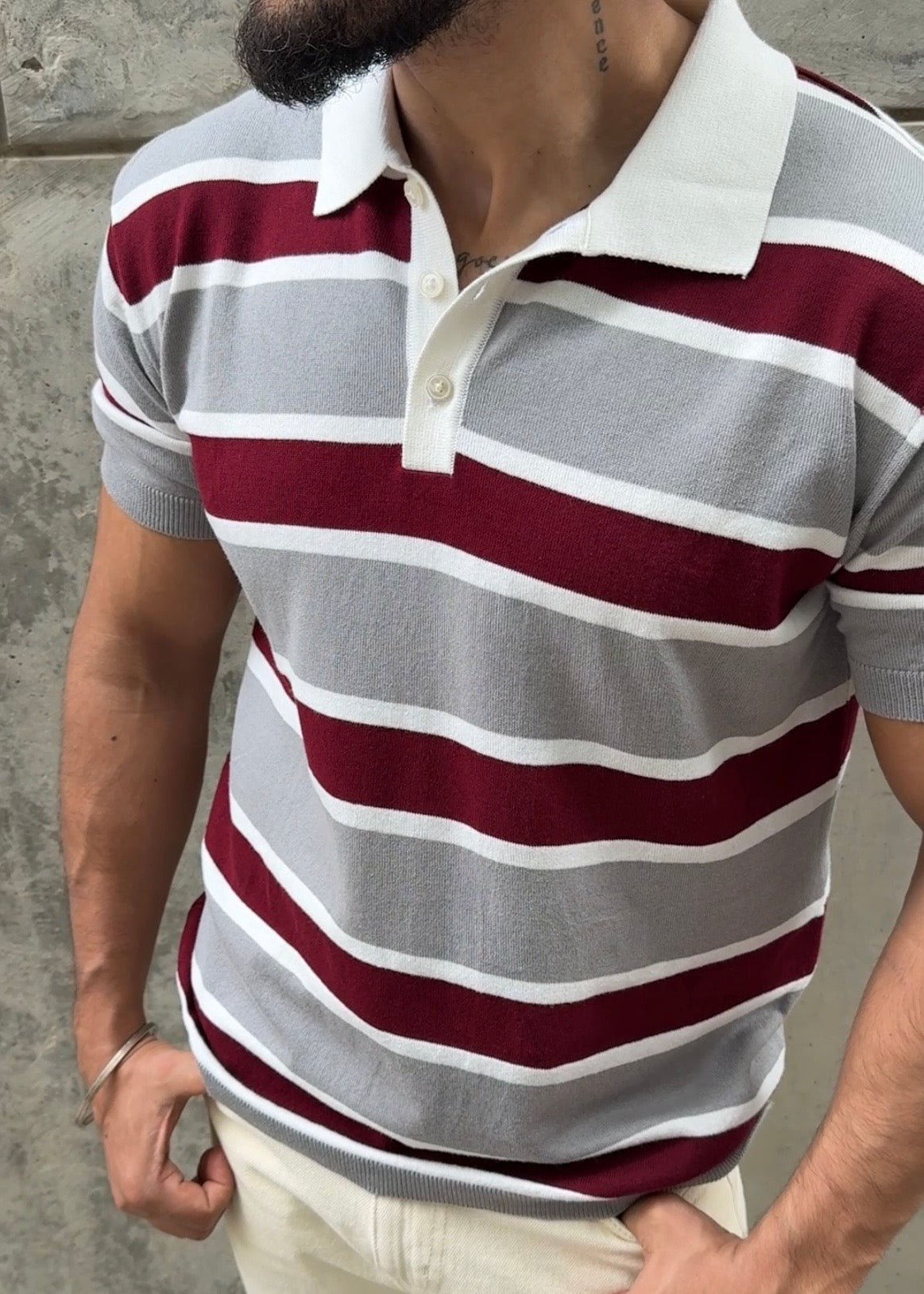 Grey Maroon Multi Stripe Knit Polo Shirt