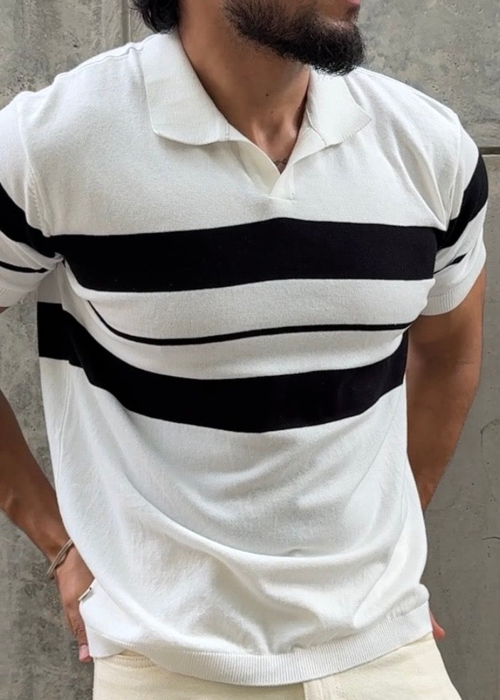 Ivory Stripe J Collar Knit Polo