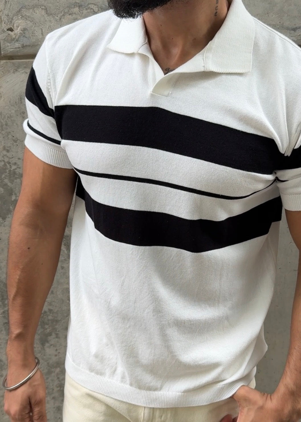 Ivory Stripe J Collar Knit Polo