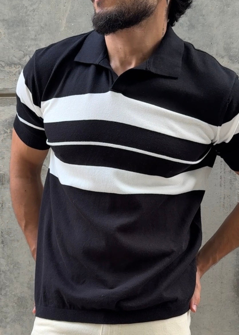 Forest Green Stripe J Collar Knit Polo