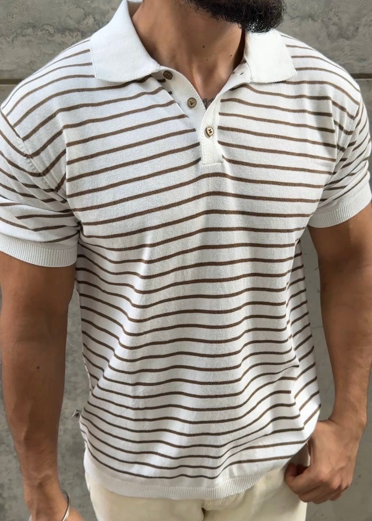 Brown Stripe Knit Polo Shirt
