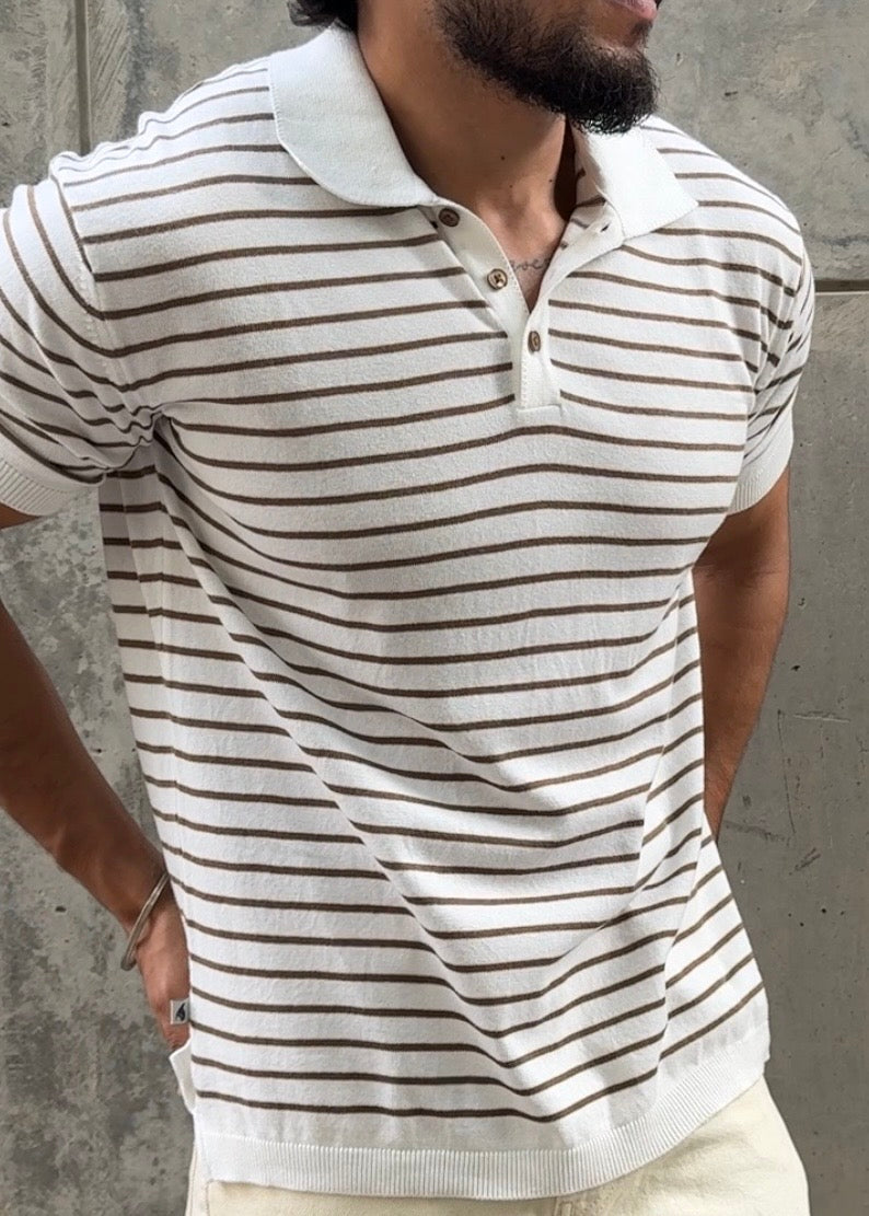 Brown Stripe Knit Polo Shirt