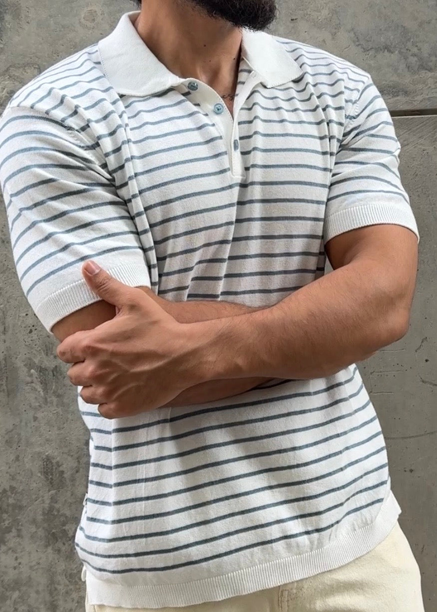 Blue Stripe Knit Polo Shirt