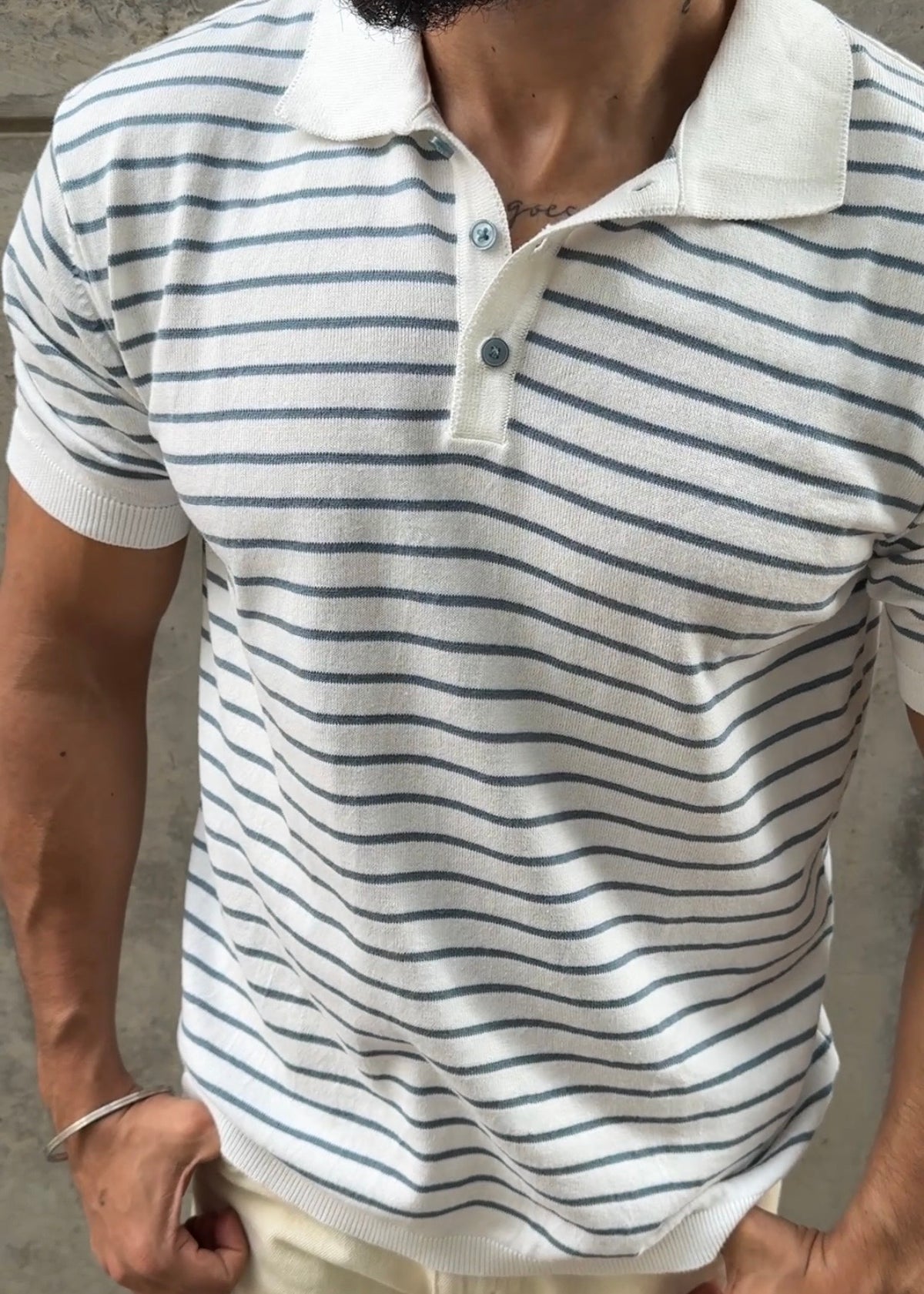 Blue Stripe Knit Polo Shirt
